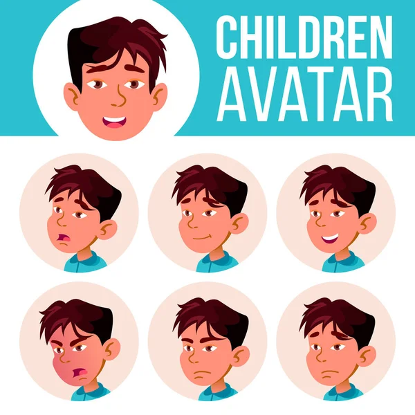 Asijské Boy Avatar Set Kid vektor. Mateřské školy. Tvář emoce. Web, hlavy, ikony. Krása, životní styl, přátelský. Plakát, klipart. Kreslený obrázek hlavy — Stockový vektor