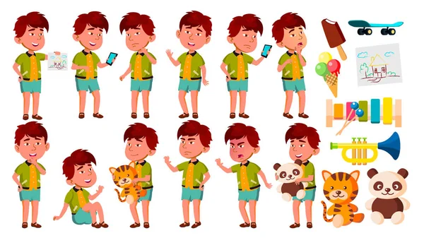 Menino Asiático Jardim de Infância Kid Poses Set Vector. Ativo, Joy Pré-Escolar Jogando. Para Apresentação, Impressão, Convite Design. Ilustração de desenhos animados isolados — Vetor de Stock