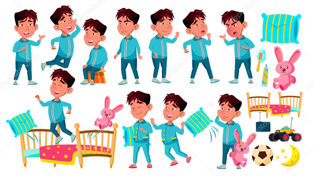 Asian Boy Kindergarten Kid Poses Set Vector. Sleep, Bedroom. Pillow,Toy. Preschool, Childhood. Smile. Toys. For Web, Poster, Booklet Design. Isolated Cartoon Illustration