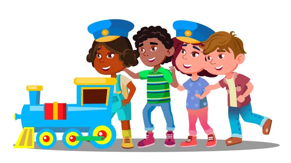 Многонациональные дети держатся друг за друга во время игры в поезде. Изолированная иллюстрация — стоковый вектор