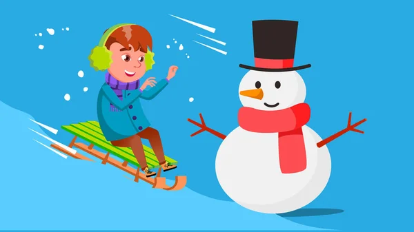 Kid Boy Rolling Downhill On A Sled And Crashes into Snowman Vector (em inglês). Ilustração isolada — Vetor de Stock