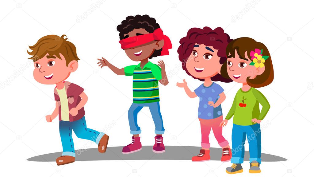 Blindfolded Little Boy Trying To Catch Other Children During Play Vector. Isolated Illustration