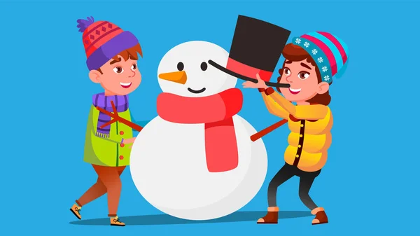 Girl And Boy In Winter Clothes Mold Um grande vetor de boneco de neve. Ilustração isolada — Vetor de Stock