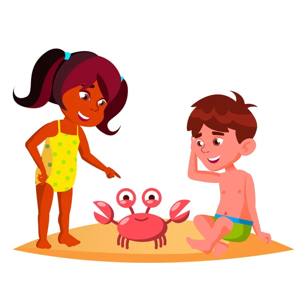 Squatting Kids Watching A Crab On The Beach Vector (en inglés). Ilustración aislada — Vector de stock