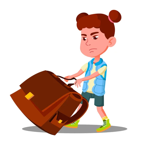 Menina com esforço Draging ao longo do assoalho um vetor pesado da mochila da escola. Ilustração isolada — Vetor de Stock