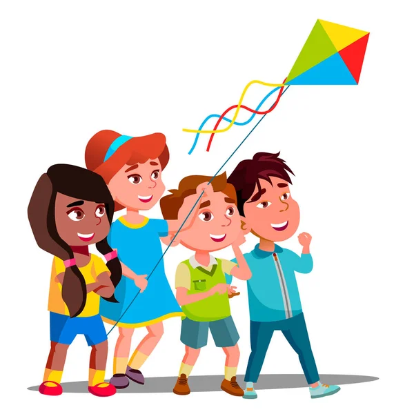Multinational Children Flying Multi-Colored Kite Into The Sky Vector. Isolated Illustration — Stock Vector