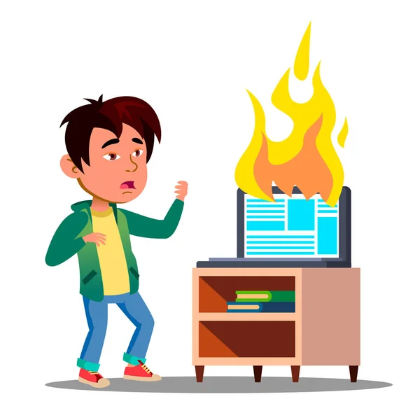 Garoto asiático assustado ao lado de estourar em chamas Laptop Vector. Ilustração isolada —  Vetores de Stock