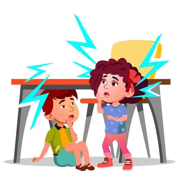 Two Frightened Kids Sitting Under The Table During Earthquake Vector. Isolated Illustration — Stock Vector