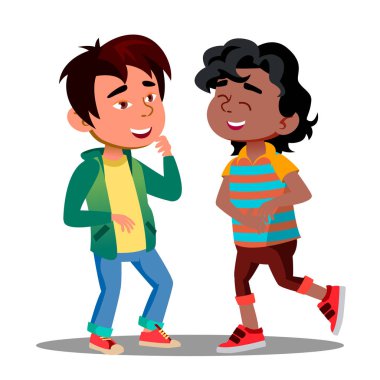 Asya ve Afrika çocuklar komik birlikte vektör gülmekten karnına tutarak. İzole illüstrasyon