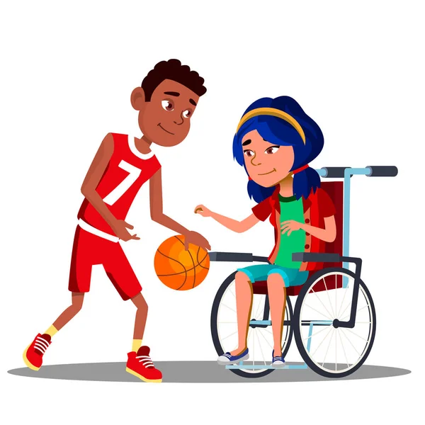Asian Girl In Wheelchair With Afro American Boy Playing Basketball Together Vector. Isolated Illustration Royalty Free Stock Illustrations