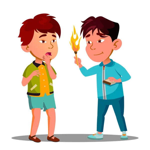 Two Little Asian Boys Playing With Matches Vector. Isolated Illustration — Stock Vector