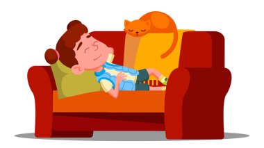 Küçük kız kedi vektör uyku yanındaki kanepede uyumak yorgun. İzole illüstrasyon