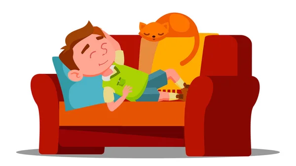疲惫的小男孩睡在沙发旁边睡觉的猫向量。孤立的插图 — 图库矢量图片