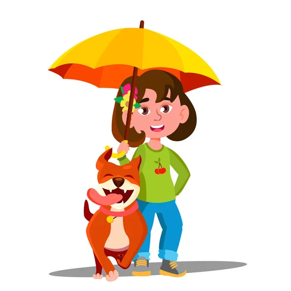 Little Girl Walking A Dog Under Umbrella In The Rain Vector. Isolated Illustration — Stock Vector