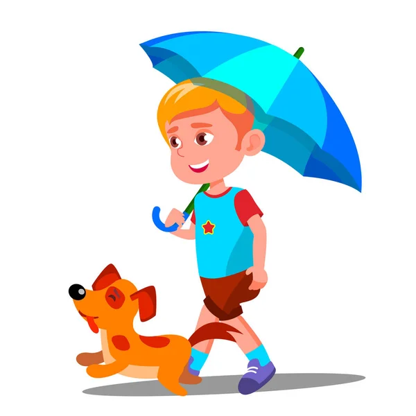 Liten pojke gå en hund Under paraply i regn vektorn. Isolerade Illustration — Stock vektor