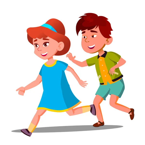 Little Boy And Girl Playing Catch-Up Vector. Isolated Illustration — Stock Vector