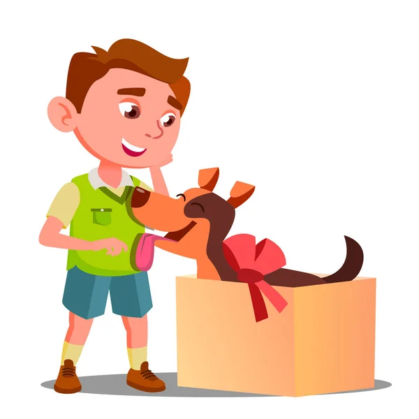 Szczęśliwy chłopiec ma obecnie pudełko wektor psa. Ilustracja na białym tle — Wektor stockowy