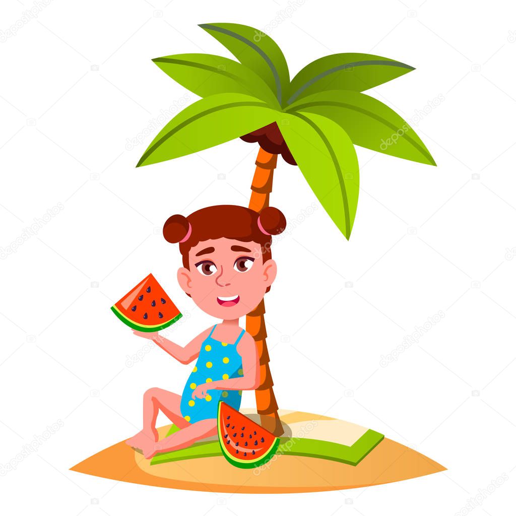 Little Girl Eating Watermelon Under Palm At Beach Vector. Isolated Illustration