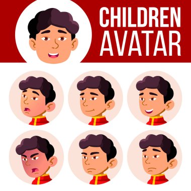 Asyalı çocuk Avatar Set çocuk vektör. Anaokulu. Yüz duygular. Duygusal, yüz, insanlar. Çocuksu, Kindergartener. Düzen, reklam. Karikatür Head illüstrasyon