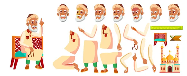 Arabische, islamitische oude Man Vector. Ouderdomsdeken portret. Ouderen. Leeftijd. Animatie maken Set. Gezicht emoties, gebaren. Banner, Flyer. Geanimeerd. Illustratie — Stockvector