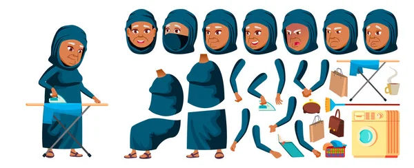 Arab, Muslim Old Woman Vector. Potret Orang Senior. Orang tua. Berusia. Animasi Penciptaan Ditata. Emosi wajah, Gestur. Banner, Flyer. Animasi. Ilustrasi - Stok Vektor