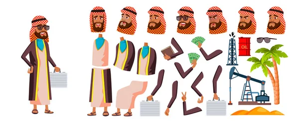 Un vieux vecteur arabe et musulman. Portrait de personne âgée. Les personnes âgées. Agé. Animation Création Set. Émotions du visage, gestes. Les affaires. Production de pétrole. Loisirs. Annonce. Animé. Illustration — Image vectorielle