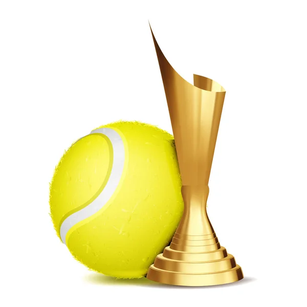 Τένις παιχνίδι βραβείο διάνυσμα. Μπάλα του τένις, Golden Cup. Σύγχρονη τουρνουά. Στοιχείο του σχεδιασμού για την προώθηση του αθλητισμού. Μπάλα του τένις. Τένις ανταγωνισμού πρωτάθλημα Flyer. Διάταξη επαγγελματίες διαφήμιση απεικόνιση — Διανυσματικό Αρχείο