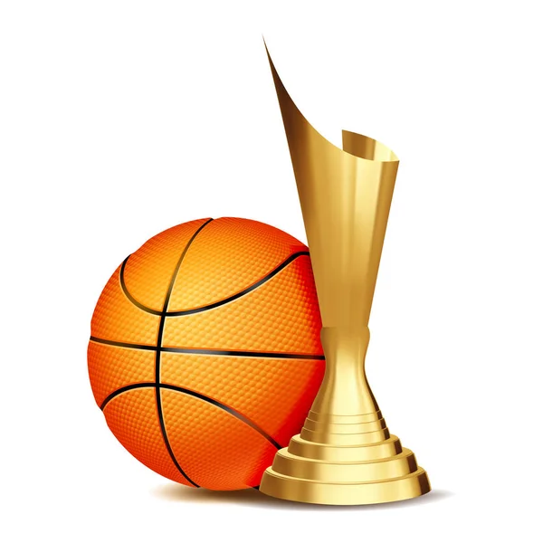 Basketballspiel Preisvektor. Basketballball, goldener Pokal. Modernes Turnier. Gestaltungselement zur Sportförderung. Basketballball. Basketball-Verbandsliga. Werbegrafik — Stockvektor