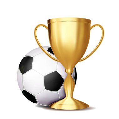 Futbol Ödülü vektör. Futbol topu, altın kupa. Spor promosyon için. Turnuva, şampiyonluk el ilanı tasarımı. Futbol kulübü, Akademi. Davet eleman illüstrasyon