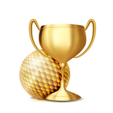 Golf Ödülü vektör. Golf topu, altın kupa. Spor oyun olay duyuru. Golf Banner reklam. Profesyonel lig. Spor daveti. Stadyum. Olay illüstrasyon