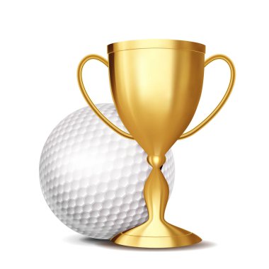Golf Ödülü vektör. Golf topu, altın kupa. Spor promosyon için. Turnuva, şampiyonluk el ilanı tasarımı. Golf Club, Akademi. Davet eleman illüstrasyon