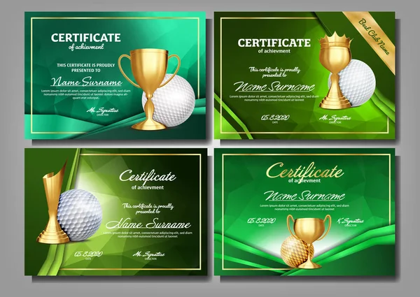 黄金の杯を持つゴルフ ゲーム証明書卒業証書は、ベクトルを設定します。スポーツ賞のテンプレートです。達成のデザイン。背景を尊重します。エレガントなドキュメント。チャンピオン。最優秀賞。優勝トロフィー。テンプレートの図 — ストックベクタ