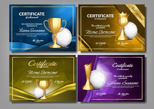 Diploma de Certificado de Juego de Voleibol con Vector Golden Cup Set. Plantilla Sport Award. Diseño de Logros. Fondo de honor. Campeón. El mejor premio. Trofeo del ganador. Ilustración de plantilla — Archivo Imágenes Vectoriales