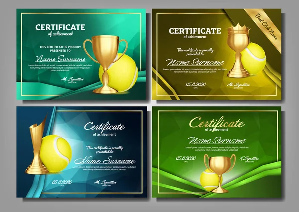 黄金の杯を持つテニス ゲーム証明書卒業証書は、ベクトルを設定します。スポーツ賞のテンプレートです。達成のデザイン。背景を尊重します。エレガントなドキュメント。チャンピオン。最優秀賞。優勝トロフィー。テンプレートの図 — ストックベクタ