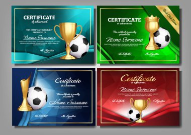 Futbol oyun sertifika Diploma altın kupa ile vektör ayarlayın. Futbol. Spor Ödülü şablon. Başarı tasarım. A4. Mezuniyet. Belge. Şampiyon. En iyi ödül. Kazanan kupa. Şablon çizimi