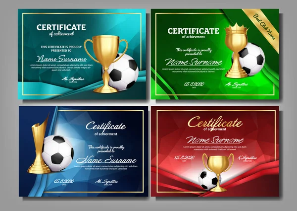 Diploma de Certificado de Jogo de Futebol com Conjunto de Taça Dourada Vector. Futebol. Modelo de Prêmio Esportivo. Conquista Design. A4. Graduação. Documento. Campeão. O melhor prémio. Troféu vencedor. Ilustração do modelo —  Vetores de Stock