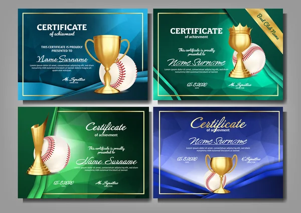 黄金の杯と野球ゲーム証明書卒業証書は、ベクトルを設定します。スポーツ賞のテンプレートです。達成のデザイン。背景を尊重します。エレガントなドキュメント。チャンピオン。最優秀賞。優勝トロフィー。テンプレートの図 — ストックベクタ