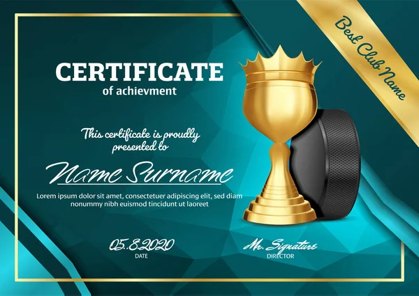 Хокей Сертифікат Диплом Золоту Чашу Вектор Спортивного Премії Шаблон Досягнення — стоковий вектор