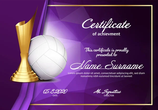 Diplôme de certificat de volleyball avec vecteur de coupe d'or. Sport Vintage Appreciation. Cadeau moderne. Imprimer vierge. A4 Horizontal. Illustration de l'événement — Image vectorielle
