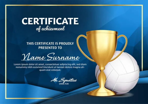 Diploma de Certificado de Voleibol com Vetor de Taça de Ouro. Modelo de Prêmio Esportivo. Conquista Design. Fundo de Honra. A4 Horizontal. Ilustração — Vetor de Stock