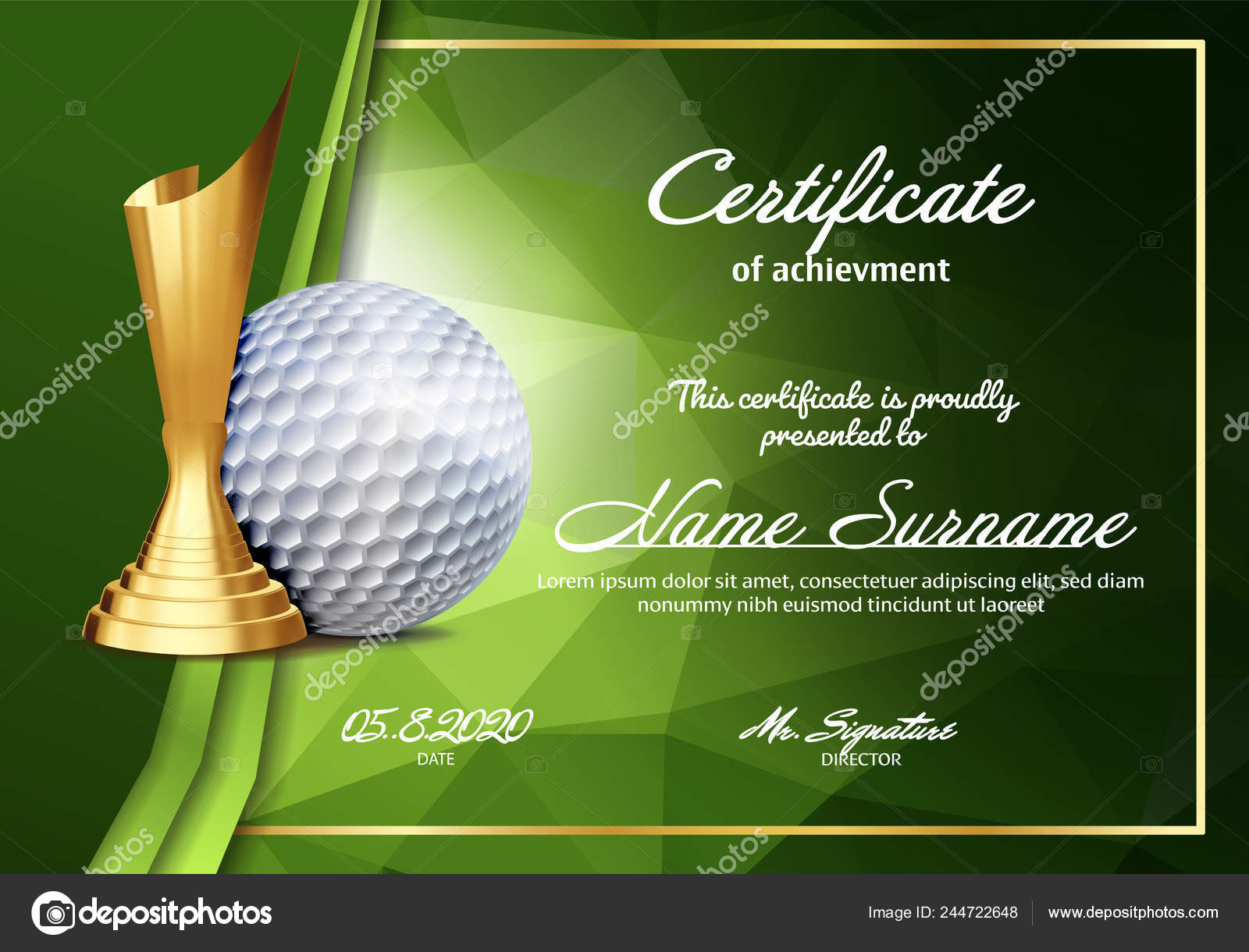 Golf Certificate Diploma With Golden Cup Vector. Sport Vintage Intended For Golf Gift Certificate Template