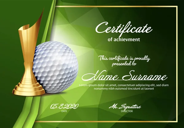Certificado de golfe Diploma com Golden Cup Vector. Sport Vintage Appreciation. Presente moderno. Imprimir em branco. A4 Horizontal. Ilustração do evento — Vetor de Stock
