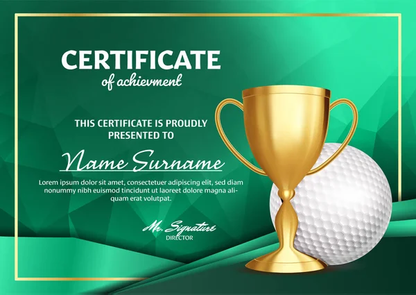 Certificato di Golf Diploma con Golden Cup Vector. Modello di premio sportivo. Realizzazione Design. Sfondo d'onore. A4 orizzontale. Illustrazione — Vettoriale Stock