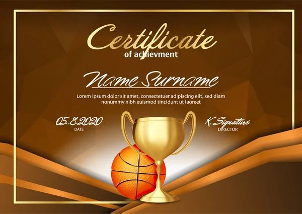 Certificado de jogo de basquete Diploma com Golden Cup Vector. Campeão de Pós-Graduação. O melhor prémio. Troféu vencedor. A4 Horizontal. Ilustração — Vetor de Stock