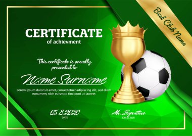 Altın kupa vektör ile futbol sertifika Diploma. Spor mezuniyet. Zarif belge. Lüks kağıt. A4 yatay. Şampiyonluk illüstrasyon