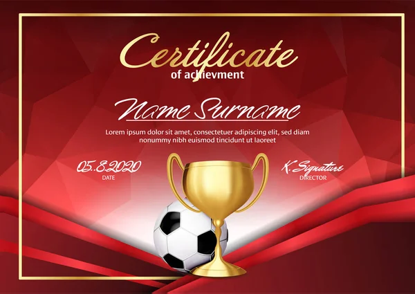 Diploma de Certificado de Juego de Fútbol con Vector de Copa de Oro. Apreciación Sport Vintage. Regalo moderno. Imprimir en blanco. A4 Horizontal. Ilustración — Vector de stock