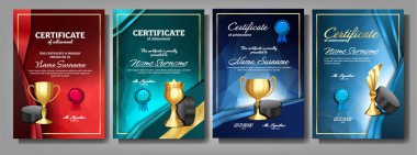 Ice Hockey Game Certificate Diploma With Golden Cup Set Vector. Sport Award Template. Achievement Design. Honor Background. Champion. Best Prize. Winner Trophy. Banner Template Illustration clipart