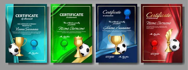 Diploma de Certificado de Juego de Fútbol con Vector Golden Cup Set. Fútbol. Plantilla Sport Award. Diseño de Logros. A4. Graduación. Documento. Campeón. El mejor premio. Trofeo del ganador. Ilustración de plantilla — Archivo Imágenes Vectoriales