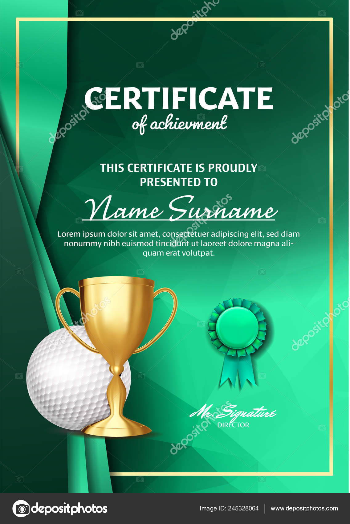 Golf Certificate Diploma With Golden Cup Vector. Sport Award Throughout Golf Certificate Template Free
