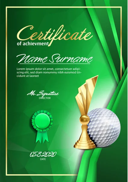 Golf Game Certificate Diploma com Golden Cup Vector. Campeão de Pós-Graduação. O melhor prémio. Troféu vencedor. A4 Vertical. Ilustração — Vetor de Stock